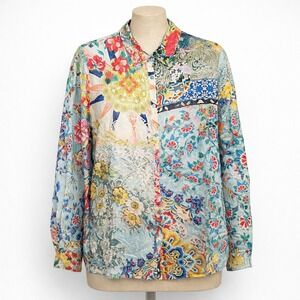 Johnny Was 100% Silk Floral Patchwork Button Blouse Multicolor M Boho Tropical